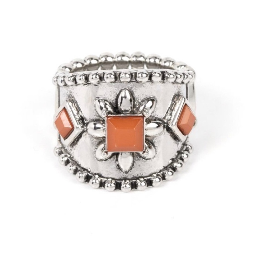 Intricate Silver and Orange Ring with Geometric Patterns